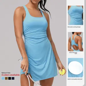 Casual tennis skirt dress for women with padding, quick-dry sports fitness slim-fit yoga one-piece badminton outfit outdoor fashion