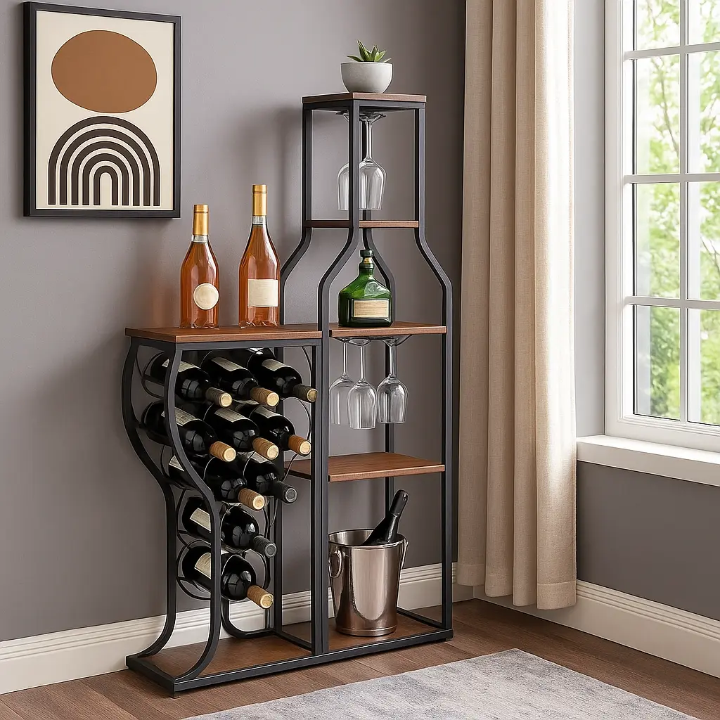 Wine Rack Freestanding 5‑Tier Home Bar Cabinet with 23‑Bottle Storage, Stemware Glass Holder & Rustic Wood Shelves, Modern Farmhouse Metal Bottle & Liquor Display Stand for Dining Room Kitchen Living Room Bar Decor