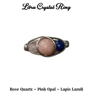 Libra Zodiac Crystal Ring, Pink Opal Lapis Lazuli Rose Quartz Ring, Libra Birthstone Ring, September October Zodiac Jewelry