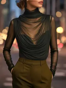 New Elegant Women's Semi-Transparent Mesh Top, Fashionable Drop Shoulder Long Sleeve Shirt, Slim Fit, All Seasons, Plain Style