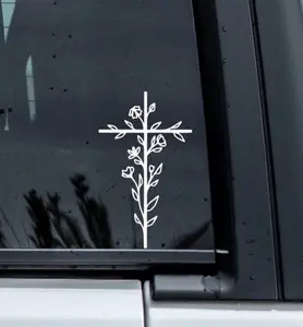2Pcs Floral Cross Vinyl Car Decal, Faith Vinyl Sticker For Window