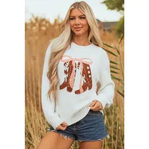 White Embroidered Bow Boots Graphic Drop Shoulder Sweater