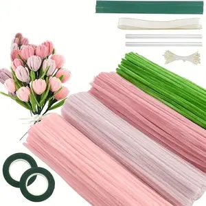 DIY Craft Kit with 400 Pieces Pipe Cleaners, 4 Colors Chenille Stems, Includes String Tape Buds & Ribbons for Creative Projects DIY Flower Decor