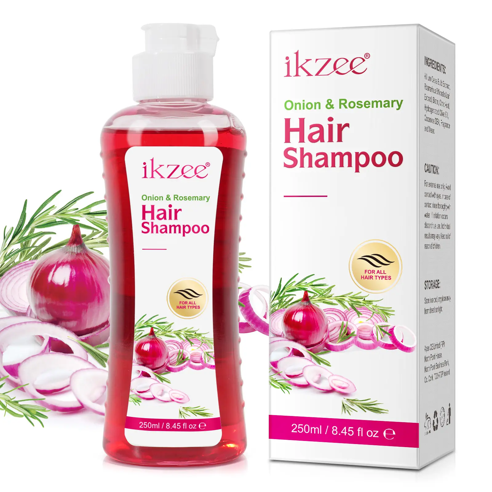 ikzee Herbal Onion Shampoo with Biotin & Rosemary, Anti-Hair Loss & Hydrating Formula with Heat Protection, For All Hair Types, Rosemary Scent, 250ml, Natural Hair Care