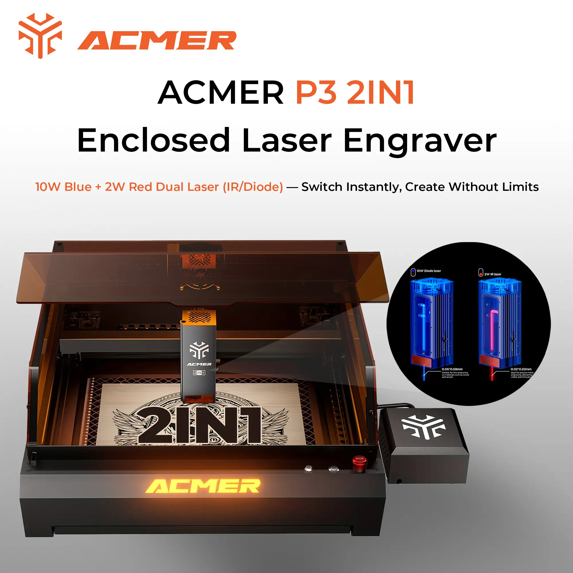 ACMER P3 2IN1 Dual Laser Engraver | 10W + 2W IR | Supports 300+ Materials | 2-in-1 Cutting & Engraving Machine
