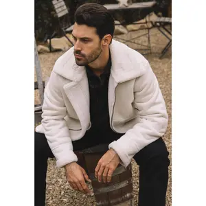 Men's Suede White Jacket w/ Faux Shearling-lined