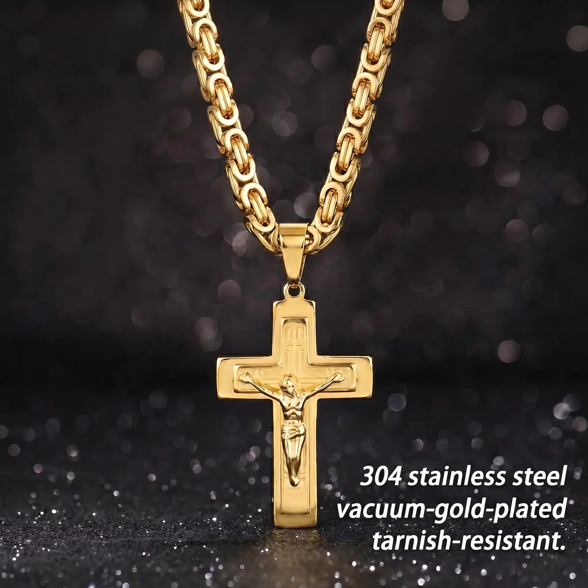 Men's Faith Cross Necklace Stainless Steel gold plated - 23.62in Cuban Link Chain, Elegant U-Shape Christian Spiritual Jewelry, Anniversary Gift for Teen Boys, Durable Casual/Formal Accessory