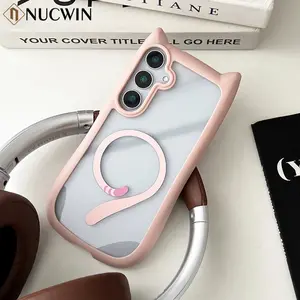 Cute Cat Ear Transparent Protective Case For Samsung Galaxy S26 Ultra S25 S24 S23 Plus S26 Magnetic Charging Soft Border Cover