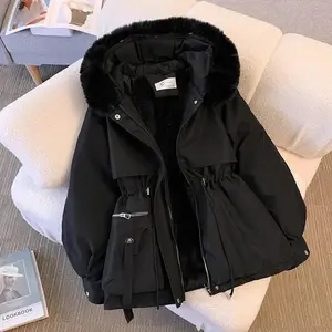 Fleece Lined Fur Hood Down Jacket Women Winter Warm Drawstring Zipper Padded Parkas Casual Cotton Coats Puffer Outears Womenswear Tops Basic Black