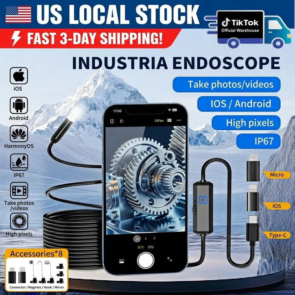 Endoscope Camera with Light,  Borescope Tools with 8 Adjustable LED Lights, Endoscope with Semi-Rigid Snake Camera, Inspection Borescope for iOS and Android - 16.4ft Single Lens