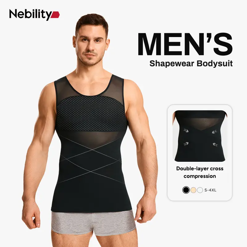 【Nebility】Men's Mesh Breathable Compression Shapewear Vest - Slim-Fitting High Elasticity Seamless Menswear  Tummy Control