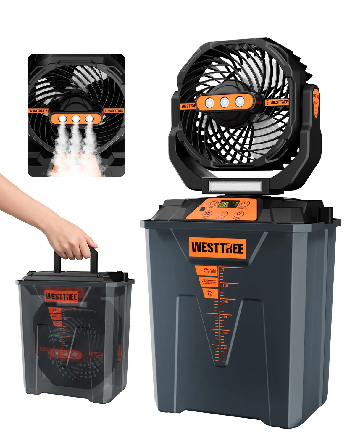 WESTTREE Portable Misting Fan, Large Rechargeable Battery Powered Mist Fan, Long Lasting Runtime, 3 Nozzles Mister Design, Portable Fan for Home Patio Camping Outdoor mist Daily Cooling fan