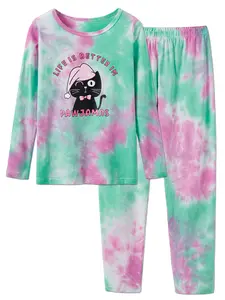 Tie Dye Cat Pajamas for Teen Girls Cute Long Sleeve & Pants 2 Piece Jammies Big Kid Size 4T - 18