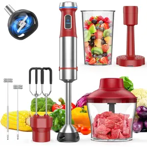 Immersion Blender Handheld, 6 in 1 Hand Blender Stainless Steel , 15 Speed Stick Blenders, 800ml Mixing Beaker, 600ml , Whisk, Frother,  Masher, Red