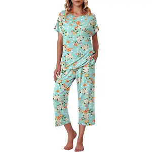 Women's Capri Pajama Sets Print Short Sleeve Sleepwear Top and Capri Pants Soft Loungewear with Pocket 2026