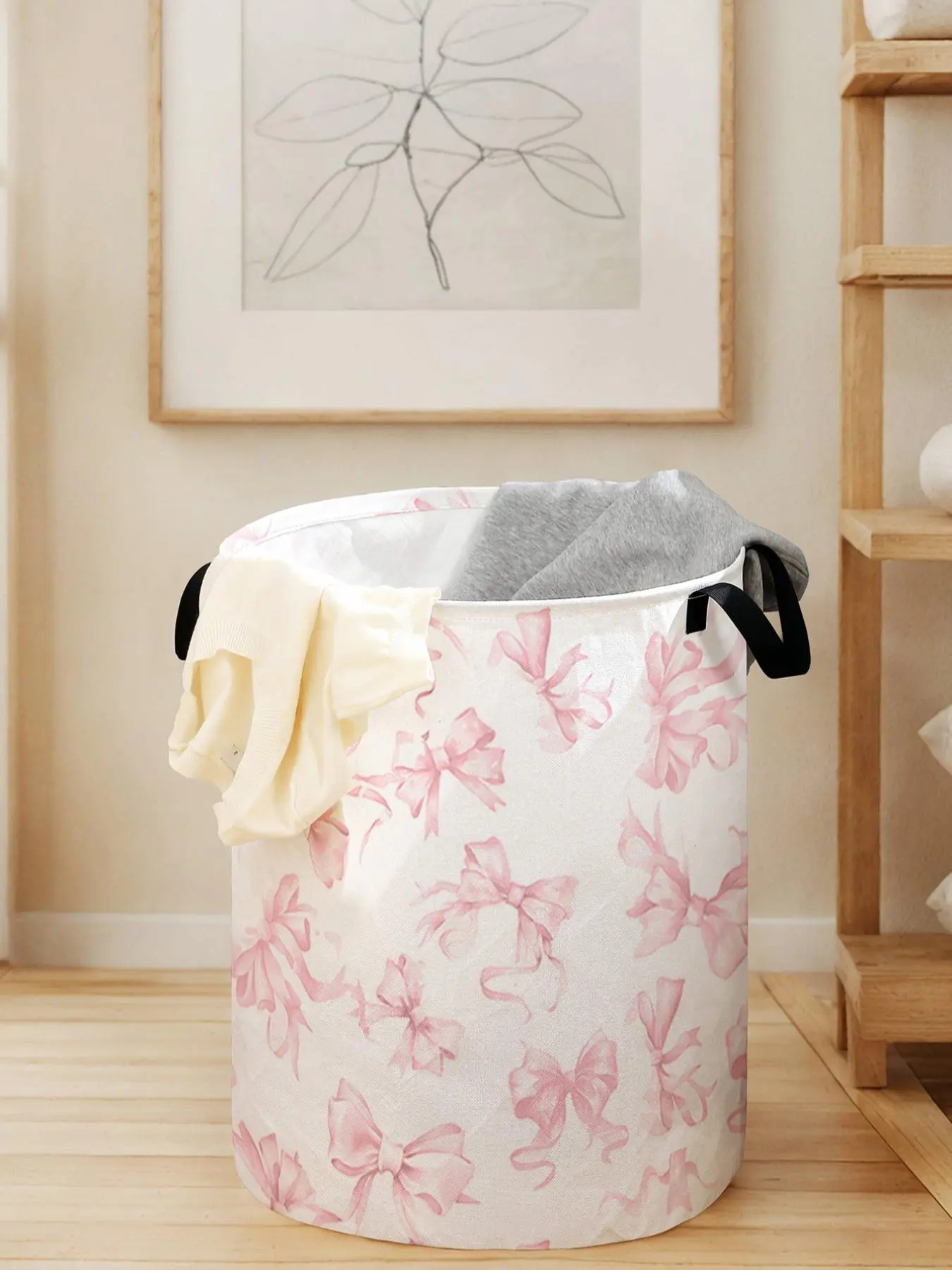 1 laundry basket with handle and printed bow pattern, foldable laundry basket made of wear-resistant material, large capacity laundry basket, toy storage box, Foldable washing basket