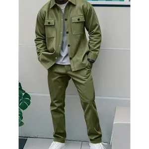 2pcs Men'S Casual Solid Color Sweatsuit Set, Polyester Knit Fabric with Slight Stretch, Regular Fit, with Lapel Collar, Button Details, for Spring/Fall - Fashionable American Style Workwear Jacket and Pants Combo