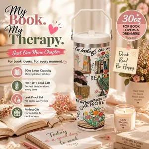 1 Pc 30oz Insulated Mug, Book Lover Quote Design “My Book My Therapy Just One More Chapter”, Double Wall Vacuum Cup, Tumbler, Leak Proof Lid, Keeps Drinks Hot 12H Cold 24H, Thermal Mug Gift for Women Men, Holiday Birthday Christmas Gift for Readers