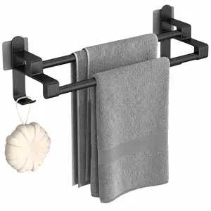 Double Layer No-Drill Bathroom Towel Rack, Black ABS Coated Carbon Steel, Heavy-Duty Adhesive Wall Mounted Towel Holder & Organizer, Space Saving 2-Tier Towel Bar for Bathroom, Kitchen, Apartment