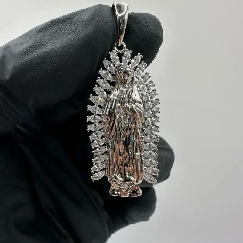 925 Sterling Silver Our Lady of Guadalupe Pendant, Rhodium Finish, 6.5g Weight, 42.16 x 19.28 mm Dimensions