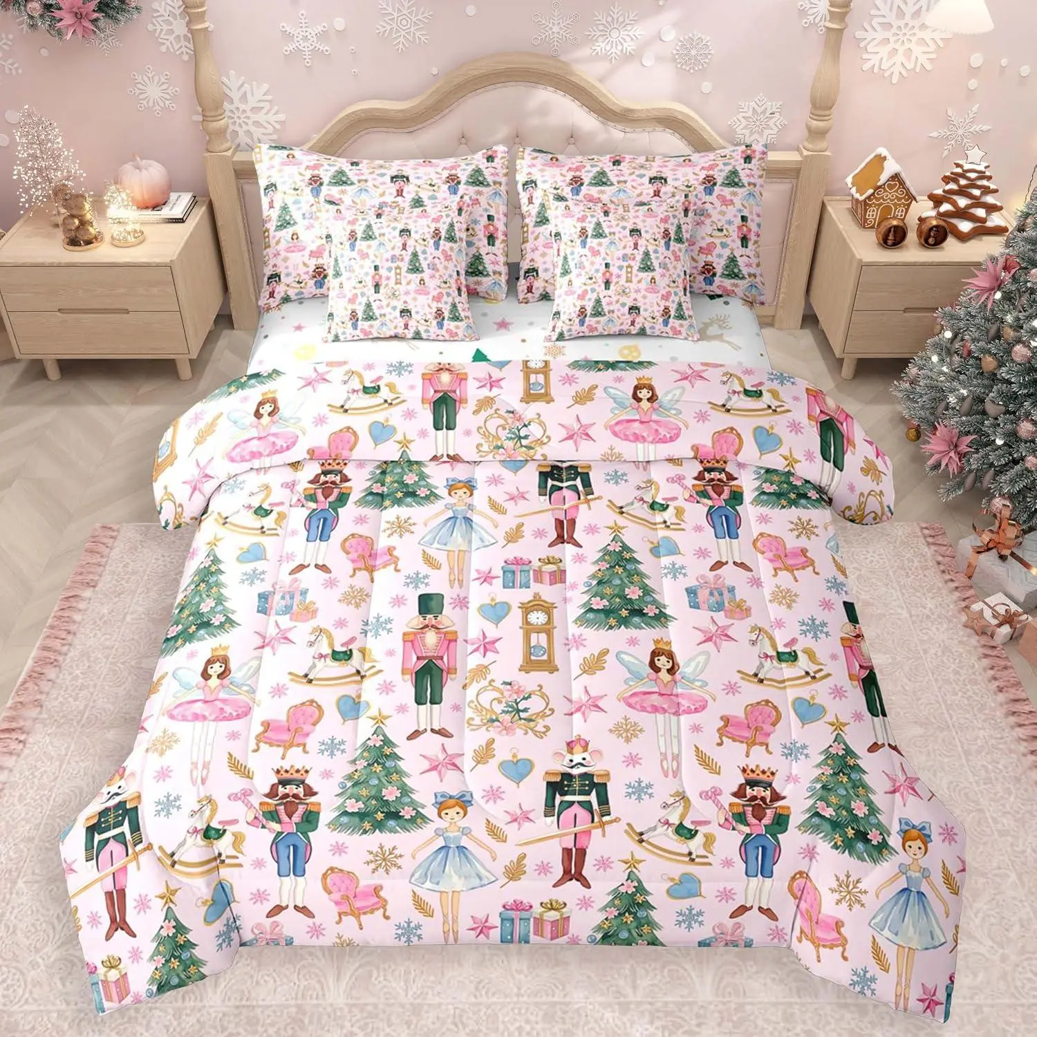 Pink Christmas Comforter Set with Sheets 7 Piece | Watercolor Nutcracker Bed in a Bag Adults Xmas Bedding Set All Season Cute BedSoft Cozy Lightweight Microfiber