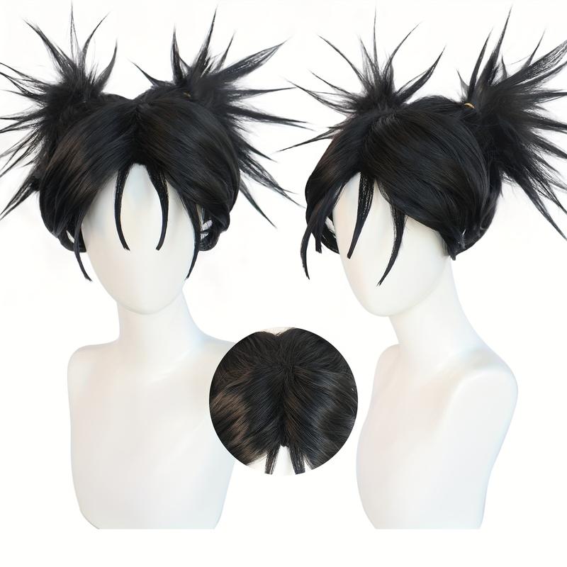 Anime-Inspired Short Black Faux Wig with Two Ponytails High-Temperature Fiber for Parties and Raves Unique Anime Hairstyles