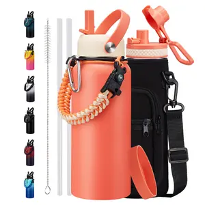 64 OZ Stainless Steel Sports Water Bottle - 32/40/64 Oz Insulated Water Jug with Straw & Auto Spout Lid, Paracord Handle, Bottle Sleeve, Cold 48H Hot 24H, Sweat-Proof Tactical Flask for Hiking,Coral Orange Purple