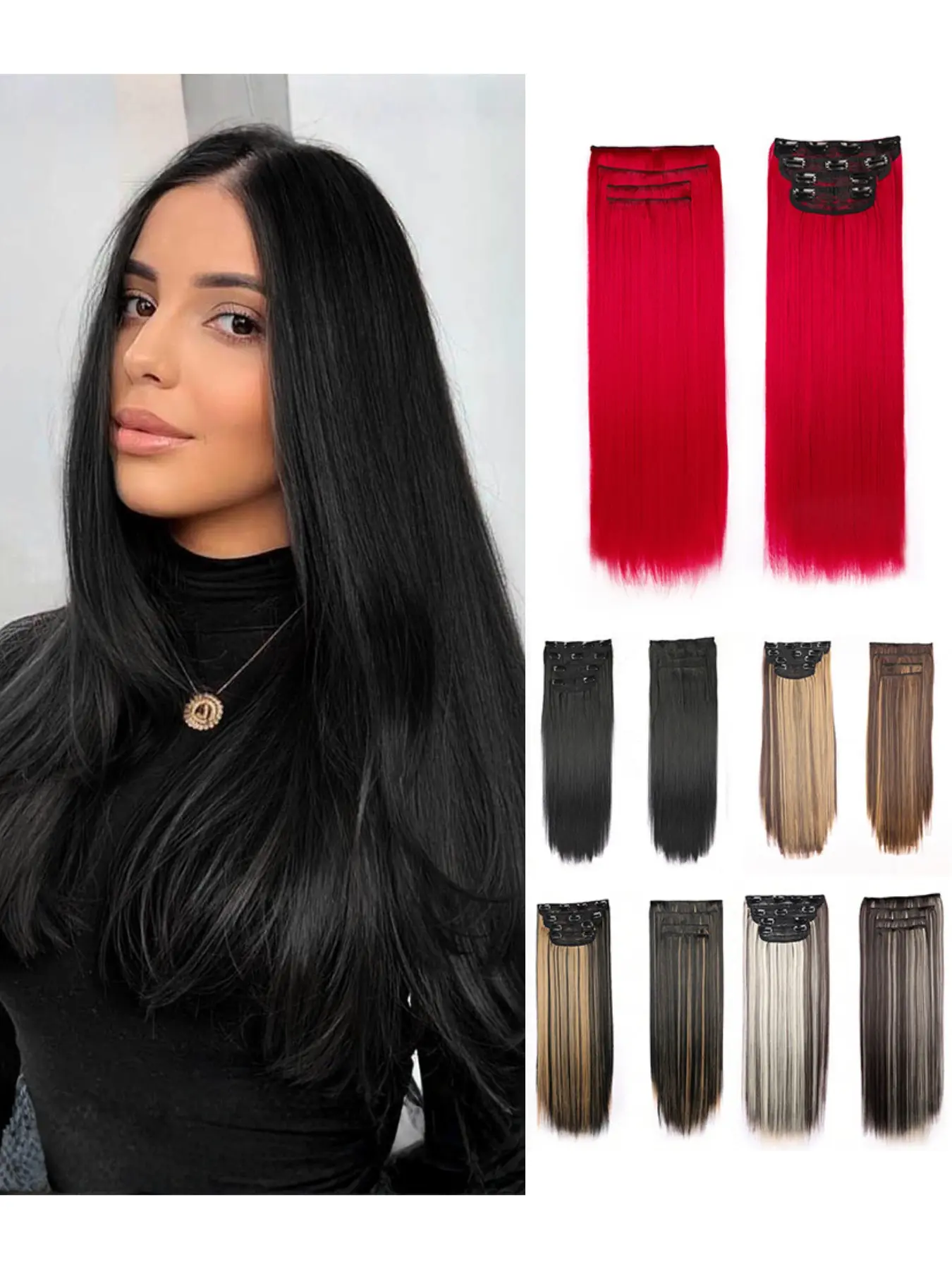 4 Piece Clip-In Salon Hair Extensions Set, Long Straight Hairpieces for Seamless Lengthening, Heat-Resistant Wavy Hair for Women, Synthetic Fiber Soft Hairpieces