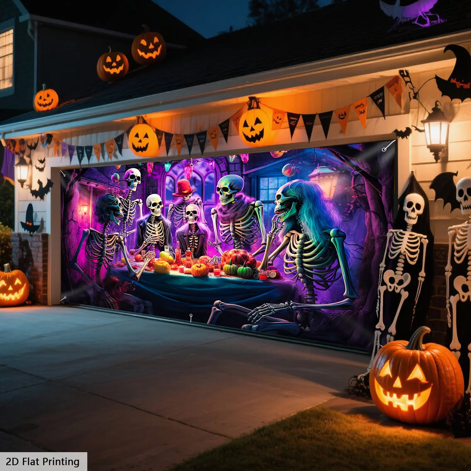 Large Halloween Garage Decorative Sign Tapestry - Spooky Dinner Scene with Purple Lighting Effects, Easy-To-Hang Flag for Indoor, Outdoor Use, Haunted House & Garage Decor, Garage Decorative Sign Tapestries