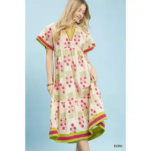 Floral Pink Tiered Summer Dress with Contrast Hem