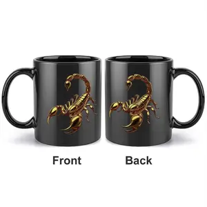1pc 11oz black ceramic mug with a golden metallic texture of a scorpion pattern, featuring ultra-realistic relief printing and a cold and cool appearance with double-sided prints.