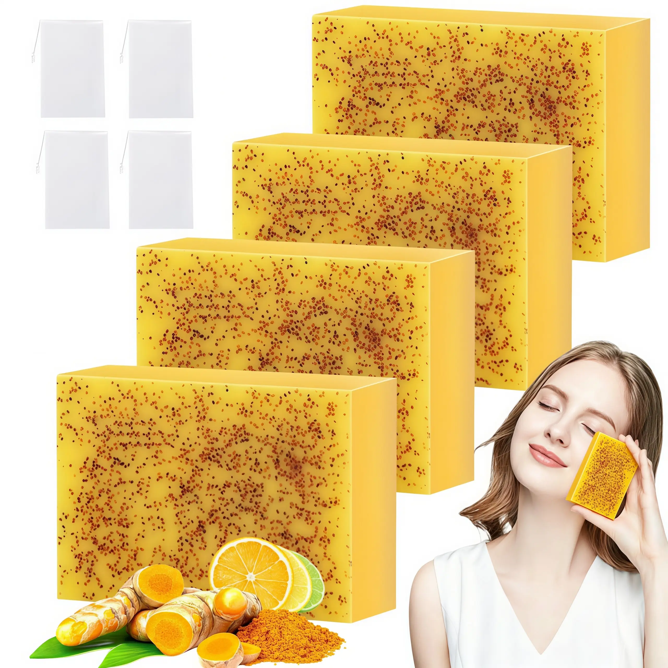 LMMAKE 4PCS Lemon Turmeric Kojic Acid Soaps - Gentle Foaming Cleanser for Body Care, Dual Brightening & Exfoliating Natural Soaps for Face & Body, All Skins, Daily Shower Use