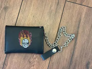Full-Grain Leather Wallet with Embroidery - Biker Wallet with Chain and Credit Card Slots