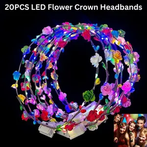 20PCS LED Plastic Flower Crown Headbands - Light-Up Floral Hair Accessories for Female, Ideal for Beach Party, Wedding