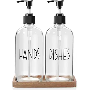 Glass Soap Dispenser with Pump - 16 OZ Clear Dish and Hand Soap Dispenser Set with Acacia  Tray for Kitchen Bathroom - Modern Liquid Pump Bottles
