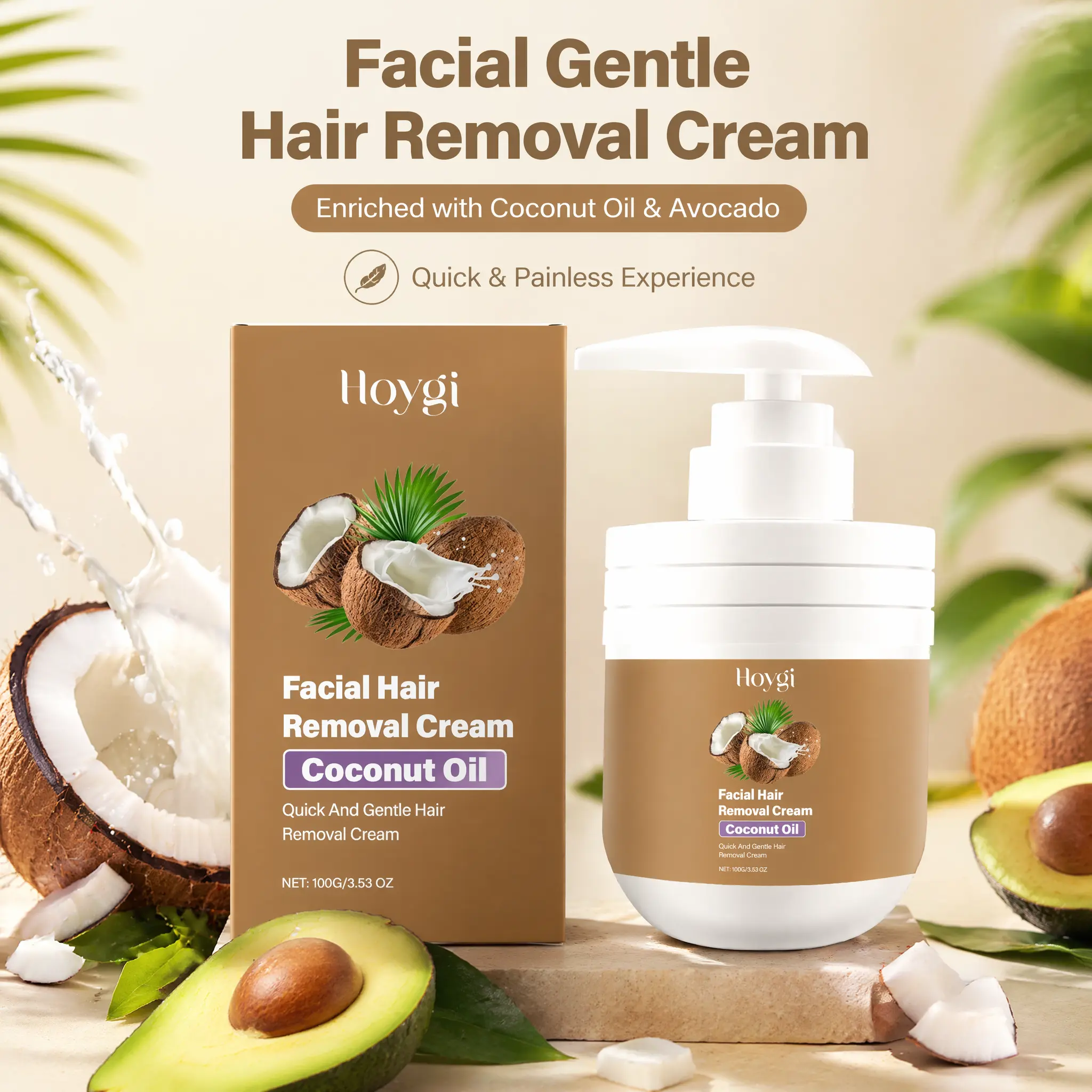 Coconut Oil Gentle Depilatory Cream Sensitive Skin Painless Suitable for chest legs arms Peach Fuzz Upper Lip Chin