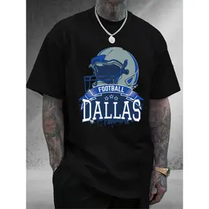 Men's Dallas Football Graphic T-Shirt - 100% Cotton Unisex Casual Tee with Helmet & Stars Design, Comfort Fit Short Sleeve Shirt for Sports Fans, Autumn Golf & Casual Attire, Machine Washable Gift Idea, Sports T Shirt, Sports Fan Apparel, Trendy Design, D