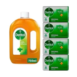 Dettol Antiseptic Liquid 750mL & 4 Original Soap 100mL Each - Effective Antiseptic Solution for Home & Personal Use