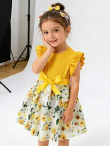 Cute Yellow Rose Ruffle Sleeve Dress, Perfect for Birthday & Outings