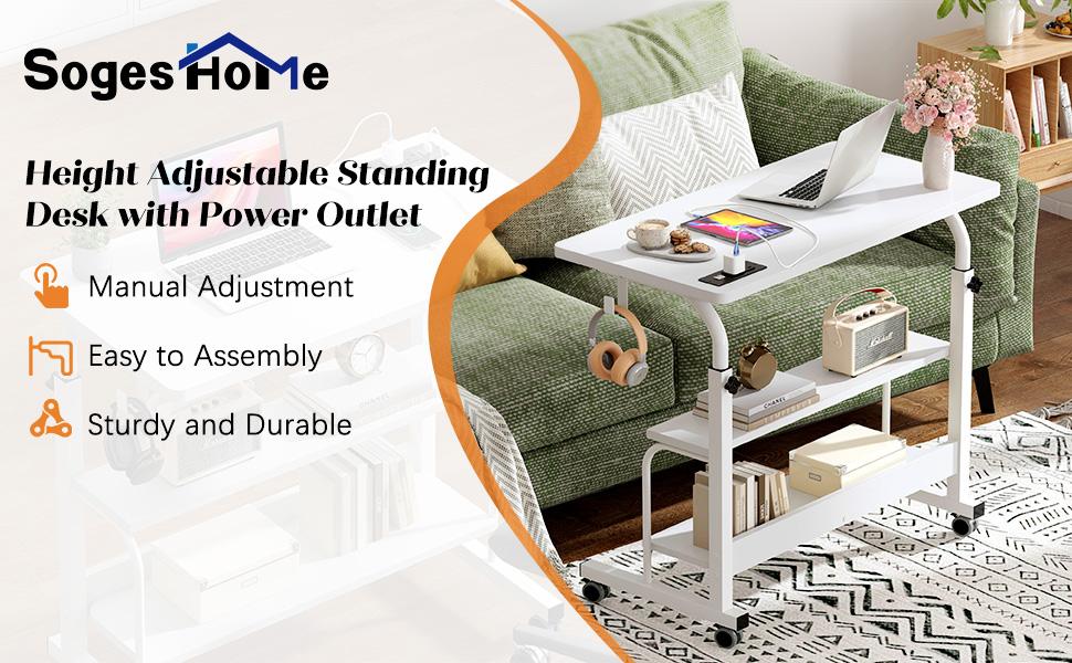 Nicole Selection Height Adjustable Side Table with Wheels, Mobile Rolling Laptop Stand, USB Charging + 2 Outlets, Adjustable Tray for Office/Home Use