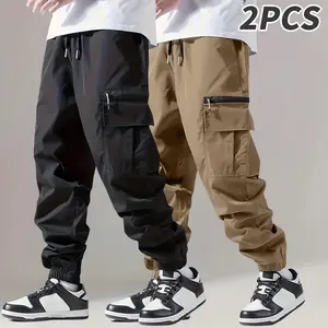 2-pack men’s cargo pants with elastic waistband and tapered legs; slim fit for spring/autumn, multiple pockets; stylish outdoor casual long pants—cargo hiking pants, tactical pants—suitable for everyday wear, outdoor leisure, and travel.