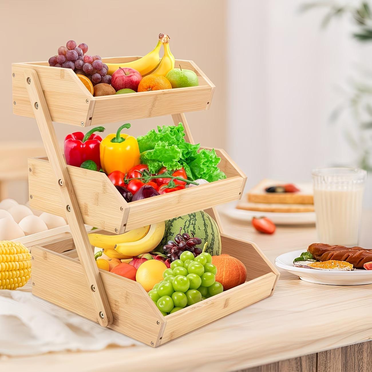 3/2 Tier Wooden Fruit Basket Stand – Large Capacity Countertop Organizer for Fruits, Vegetables & Bread