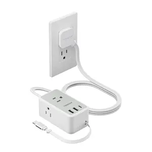 Small Flat Plug Power Strip with 1 PD20W Retractable USB C Cable, 5 ft Ultra Thin Extension Cord with 3 AC Outlets 3 USB Ports, 5 ft Slim Plug for Cruise Ship Travel, Dorm, Home Office