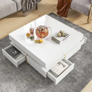 Modern High Gloss Coffee Table with 4 Drawers, Multi-Storage Square Cocktail Tea Table with Wood Grain Legs, Center Table for Living Room, 31.5''x31.5'', White