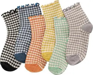 Women Ruffle Striped Frilly Socks, Cute Checkered Ankle Sock for Women Cotton Knit Casual Crew Socks Size 5-9