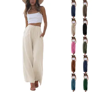 Molitree Women's Cotton Linen Summer Palazzo Pants Flowy Wide Leg Beach Trousers with Pockets Womenswear Bottom