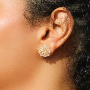 Crochet crystal cluster small earrings - Handmade gold and clear beads stud earrings