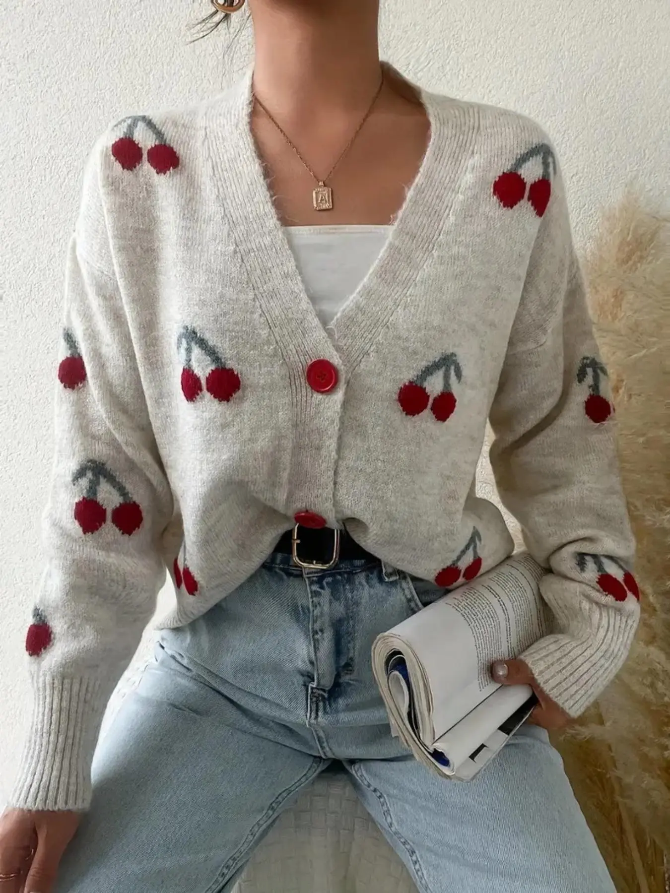 Women's Elegant Cherry Pattern Buttoned Loose Knit Cardigan - Long Sleeve Drop Shoulder Casual Chic Knitwear, Fall-Winter Daily Wear Outfit (TikTok Shop Spring Glow Up)