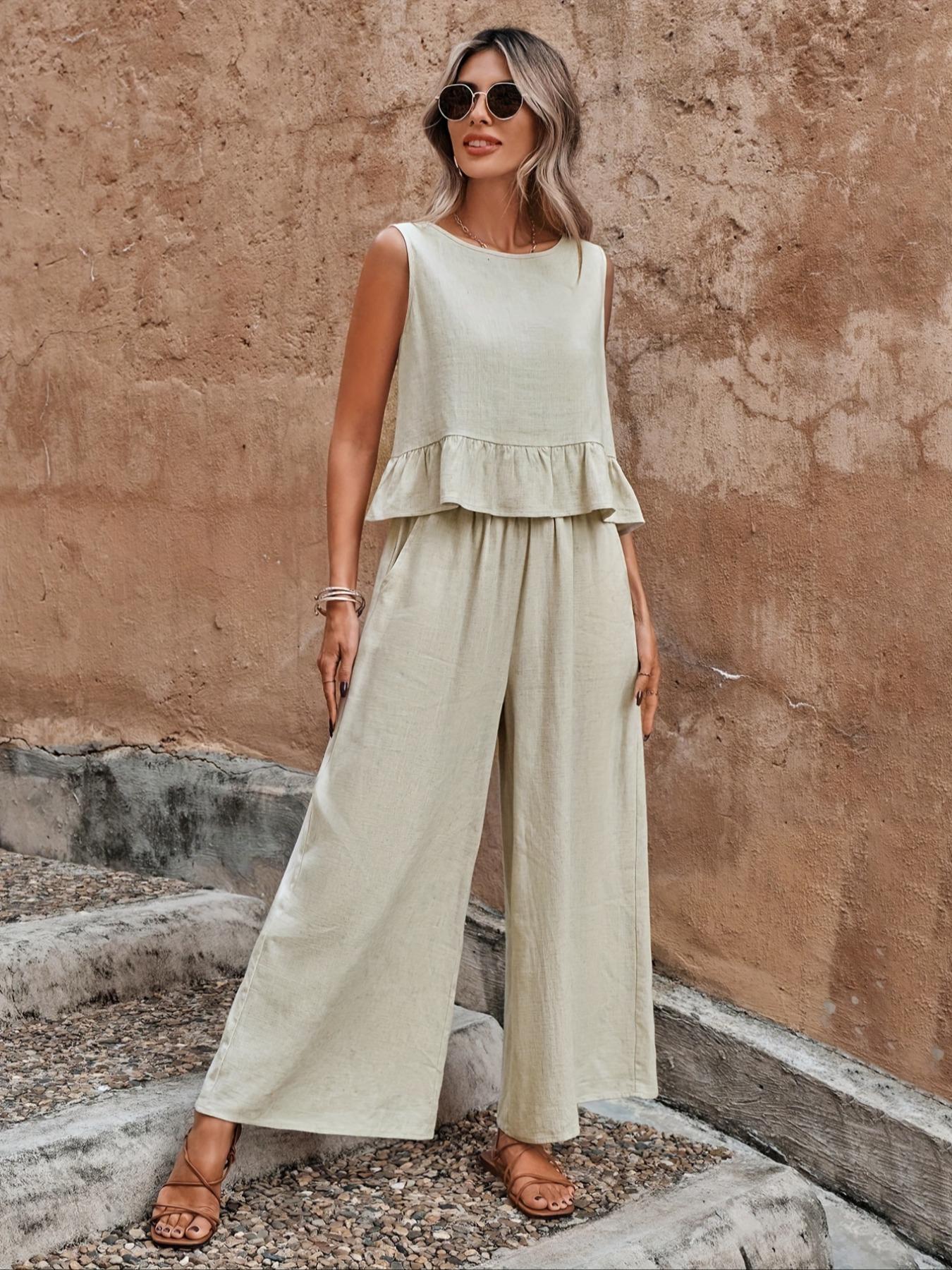 Women'S Solid Ruffle Hem Sleeveless Tank Top & Elastic Waist Wide Leg Pants Set, Casual Button-Detail round Neck Top & Pocket Trousers, Ladies Summer Clothes, Clothing Sets