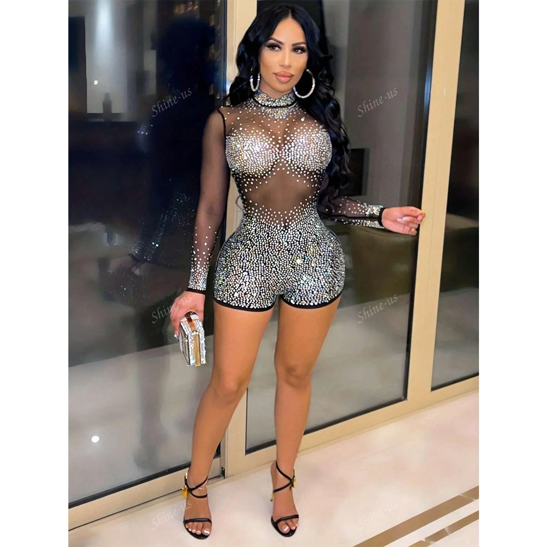 Summer Fashion Sexy Net Mesh See-Through Rhinestoned Long Sleeve Skinny Romper Suits Black - TikTok Shop Summer Fashion Sexy Net Mesh See-Through Rhinestoned Long Sleeve Skinny Romper Suits Black - TikTok Shop
